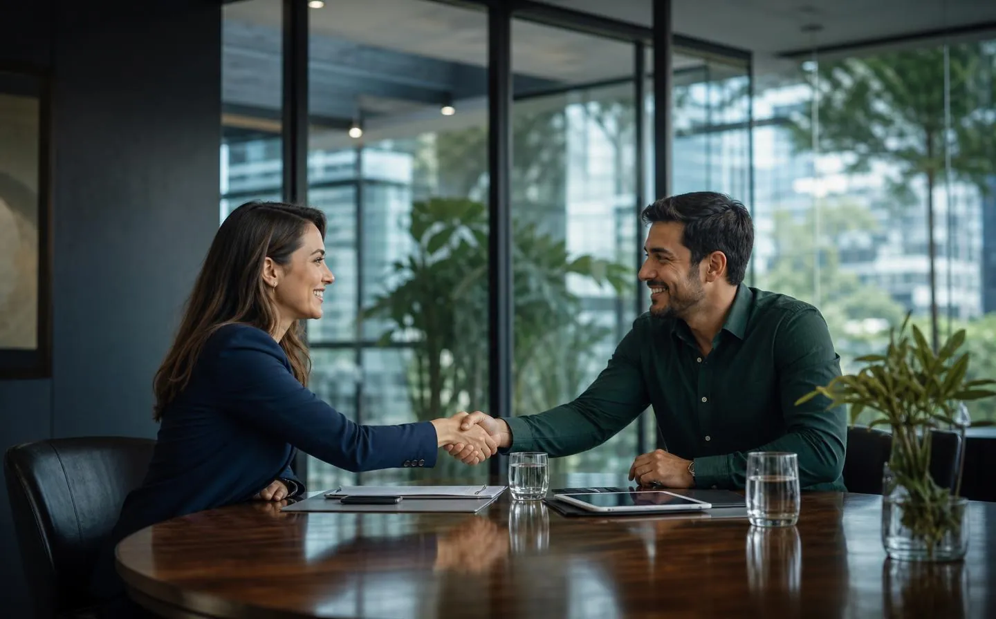 Primera reunión entre una ejecutiva y una empresaria con un apretón de manos